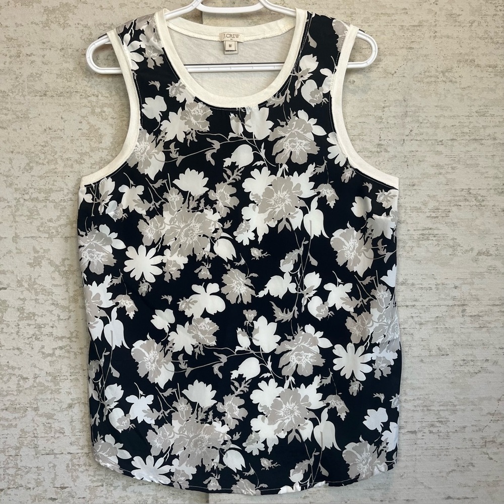 J. Crew Floral Black and White Tank Top Sz S Cotton Back Panel Cottagecore